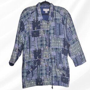 2/$50 Marguerite Li Blue Patchwork Long Jacket Coat 2X Shoulder Pads